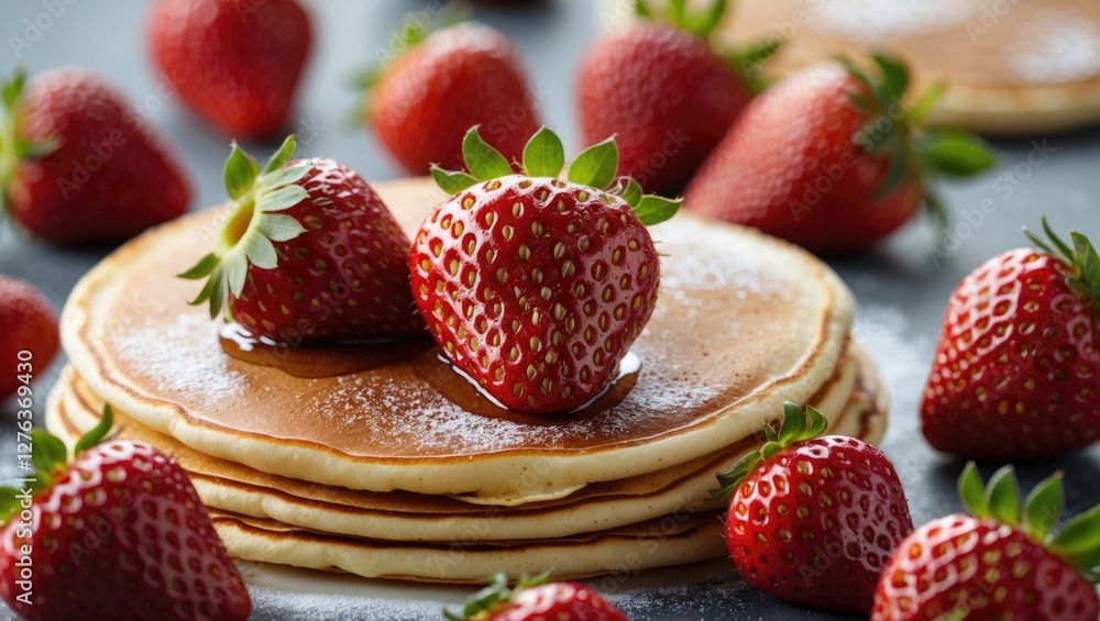 Poster pancakes stacked with fresh strawberries and syrup on a dark background with additional strawberries
