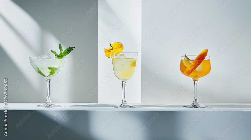 Aufkleber three elegant cocktails displayed on a minimalist shelf with soft shadows and light background