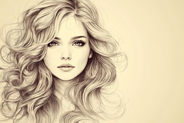 Fototapeta premium Portrait of a young woman with flowing hair and captivating eyes, showcasing intricate line art style