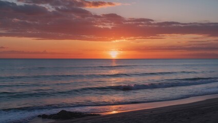 Sunset over calm ocean waves with colorful clouds reflecting on water surface at a sandy beach shoreline.