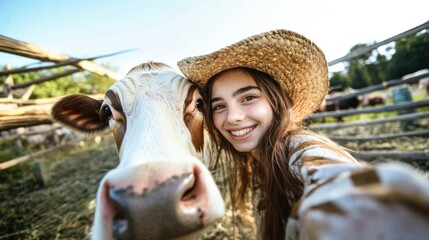selfie farmer girl straw hat with cow
