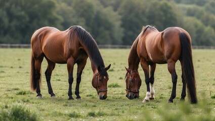 Obraz premium Two brown horses grazing in a lush green pasture surrounded by trees under soft natural lighting