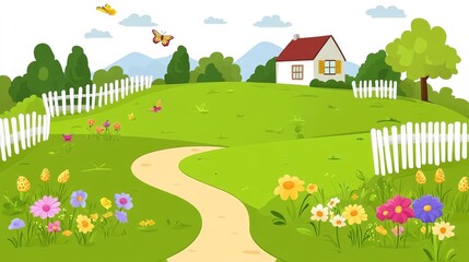 Naklejka premium A bright, whimsical garden with colorful flowers and fluttering butterflies, evoking joy and liveliness.