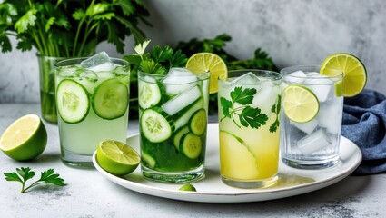 Fototapeta premium Colorful assortment of refreshing cucumber and lime cocktails with ice on a white plate against a gray background