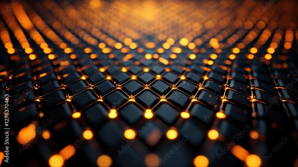 Poster glowing abstract pattern with orange and black hexagons in dim light