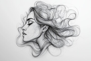 Fototapeta premium Intricate line art depicting a woman's face and flowing hair in minimalist black and white style