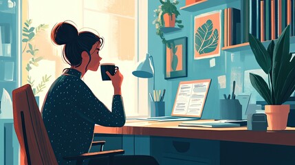 Cozy Home Office Setup with Woman Sipping Coffee and Working