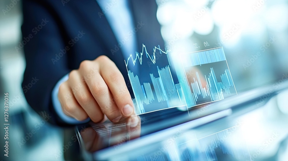 Poster business professional using tablet with digital graphs and charts