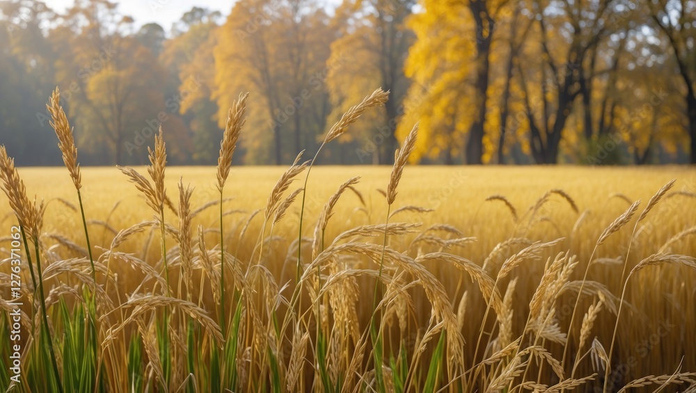 Poster golden wheat field with autumn trees in the background illuminated by soft morning light. nature lan