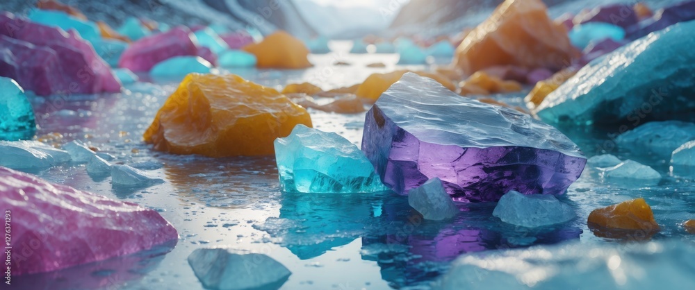 Poster colorful translucent ice blocks on a frozen lake with reflections and mountains in the background du