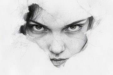Obraz premium Intricate drawing of a young woman's intense gaze breaking through paper with detailed textures and shadows