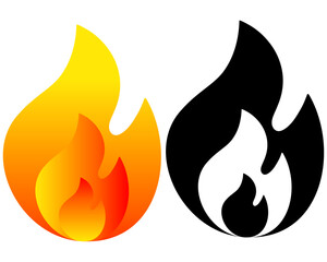 Simple flat fire or flame icon in colour gradient and silhouette versions isolated on a transparent or white backgroun