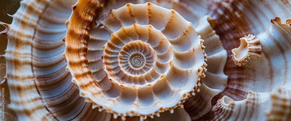 Poster macro close-up of intricately patterned seashells displaying natural textures and colors in a spiral