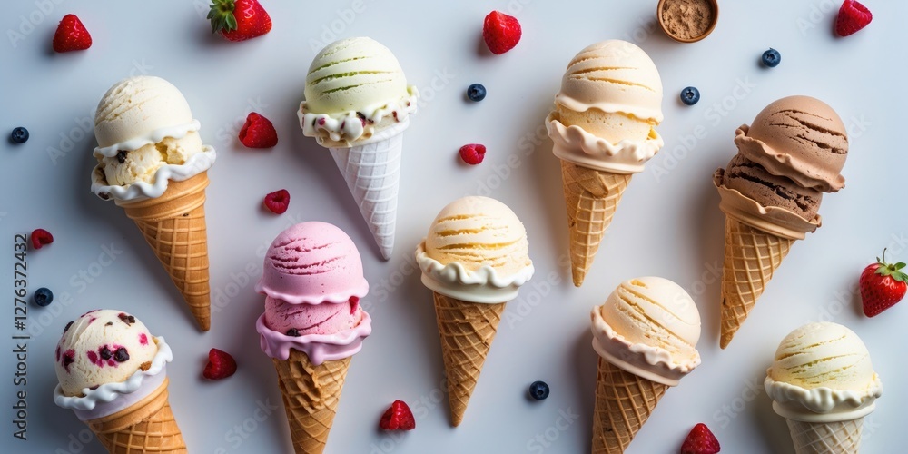 Poster assorted ice cream scoops in cones arranged with fresh berries on a light background