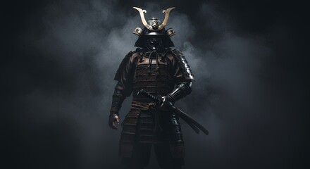 Warrior Samurai Standing Tall in Full Armor with Sword and Smoke