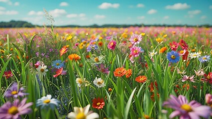 Obraz premium Colorful wildflower field with various blooming flowers under clear blue sky on sunny day in vibrant spring or summer season.