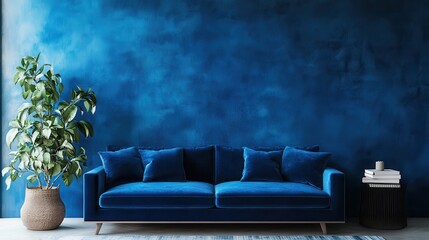 Elegant blue sofa in minimalist living room with potted plant and stack of books