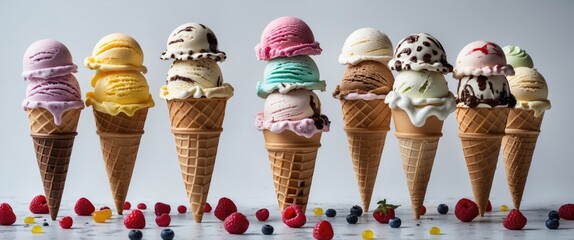Variety of ice cream cones arranged in a row with multiple flavors and fresh berries on a marble surface