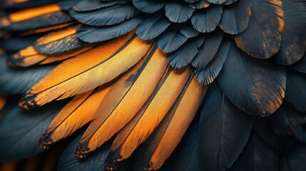 Fototapeta premium Close-up of vibrant orange and black bird feathers with intricate patterns and textures
