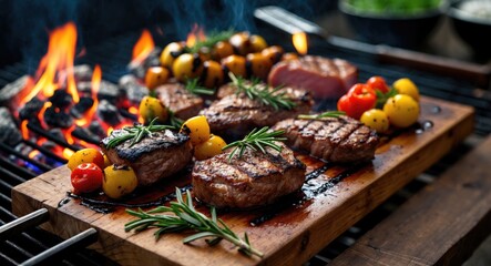 Grilled steaks with rosemary and colorful vegetables on wooden cutting board over open flames in outdoor barbecue setting