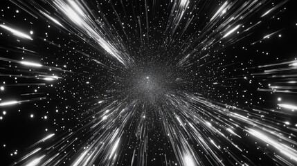 A stunning representation of light speed travel through a tunnel of stars creating a sense of speed and depth in monochrome