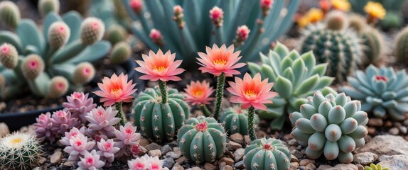Fototapeta premium Variety of colorful cacti and succulent plants with pink flowers in a rocky landscape setting
