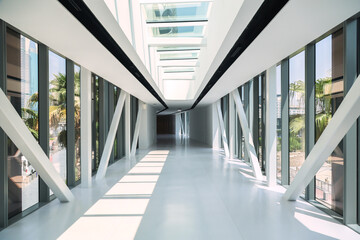 Long white passage corridor with large glass windows.