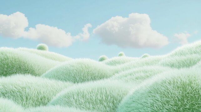 Serene landscape with rolling grassy hills and fluffy clouds against a soft blue sky evoking a sense of peace and tranquility