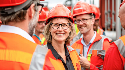 Group of smiling construction workers in safety gear, including helmets and vests, engaged in conversation.