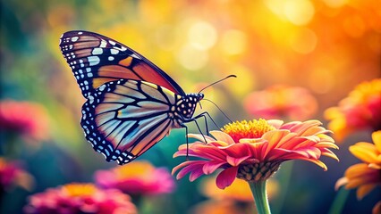 Vintage Butterfly on Flower - Horizontal Copy Space Stock Photo