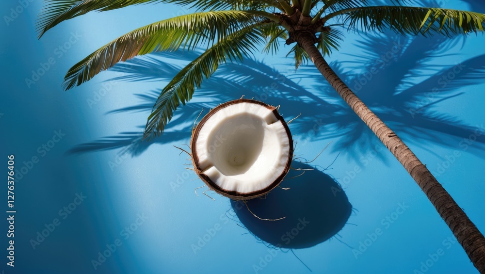 Poster coconut half on blue background with tropical palm leaves and shadow patterns creating a vibrant bea