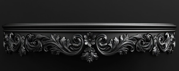 Ornate black baroque shelf with detailed floral and leaf pattern on dark background