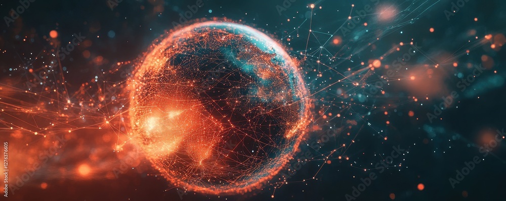 Aufkleber glowing digital earth in space with connected network lines and points of light