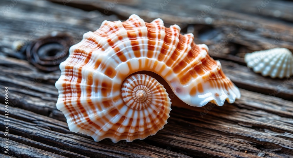 Poster spiral seashell with intricate patterns resting on weathered wooden surface with additional small sh