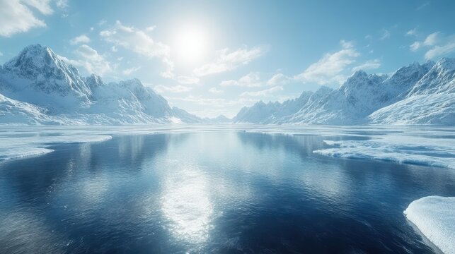 Serene arctic landscape with snowy mountains and sunlit reflection on icy water
