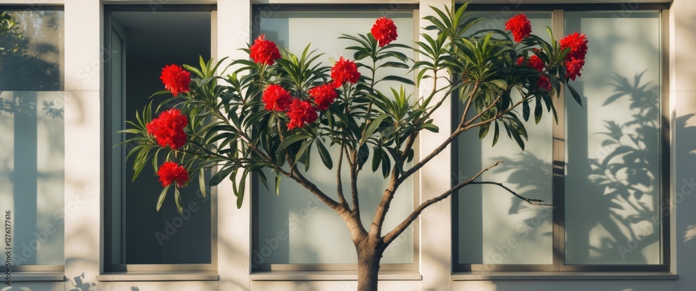 Aufkleber flowering tree with red blossoms in front of modern building windows during daylight hours. green le