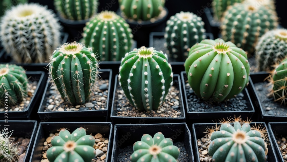 Poster variety of cacti in black pots with diverse shapes and sizes arranged on a surface with pebbles and 