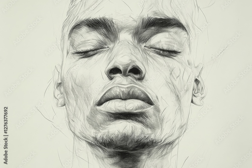 Poster portrait of a man with closed eyes showcasing intricate facial detail and expressive features