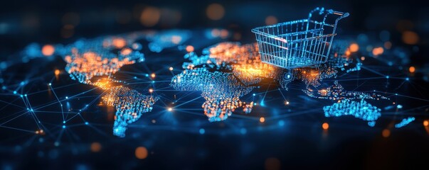 Digital shopping concept with shopping cart over global map connected by network lines and lights