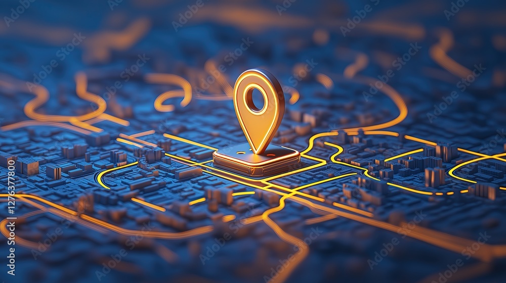 Poster abstract map with glowing marker pinpointing a location geometric design with futuristic aesthetic f