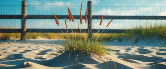 Dune grasses growing on sandy beach with wooden fence and blue sky in the background during sunny day