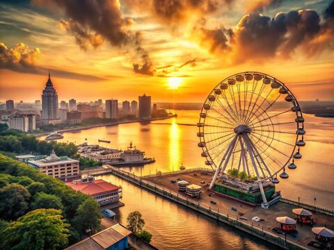 Vintage Heihe Ferris Wheel Amur River Sunset - China Nostalgia