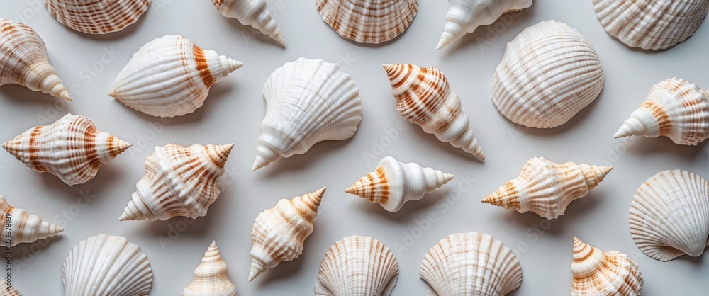Poster various types of seashells arranged on a light background showcasing intricate textures and patterns