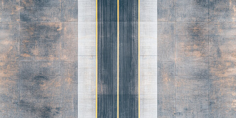 Aerial view of a straight asphalt road lined with yellow stripes on a textured concrete surface.