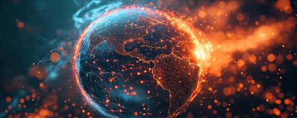 Digital earth visualization with network connections and glowing orange lights, americas focused