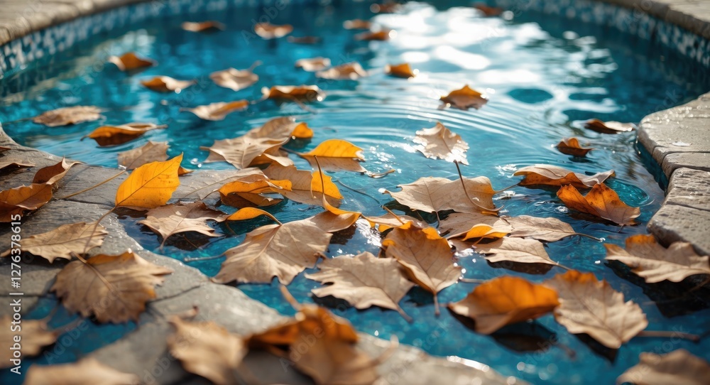 Poster leaves floating on the surface of a swimming pool with ripples in the water and stone coping around 