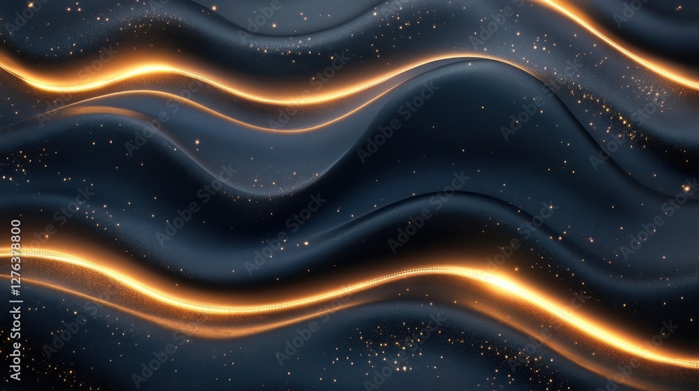 Poster abstract flowing waves with glowing lines and sparkles on dark background