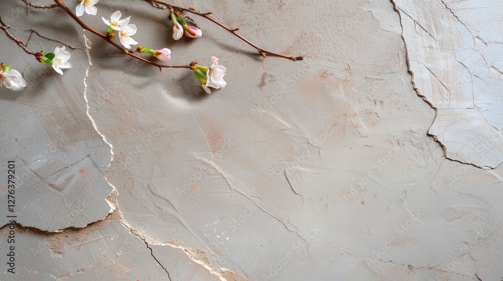 Poster delicate cherry blossom branch on textured gray background with cracks and subtle color variations