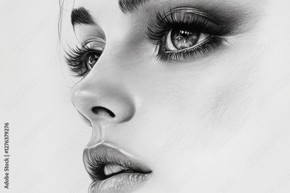 Poster captivating close-up of a woman’s face showcasing intricate details and striking features in a monoc