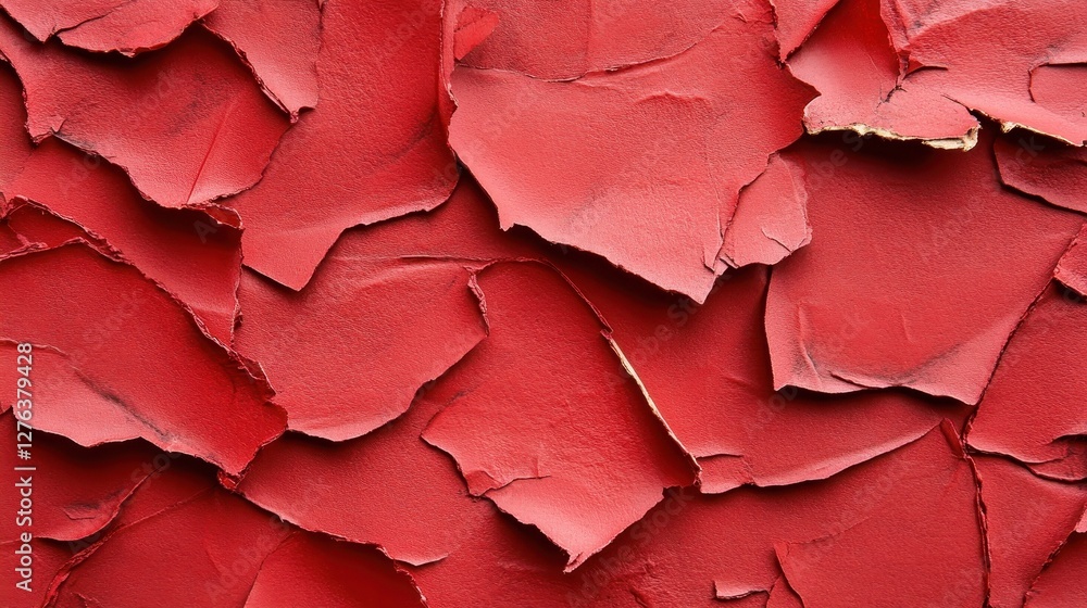 Poster abstract red peeling paint texture with cracked surface and rough layers in close-up view